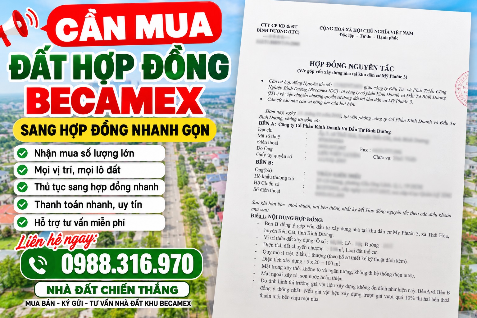 Cần mua đất hợp đồng Becamex Mỹ Phước 3 – Nhận mua số lượng lớn