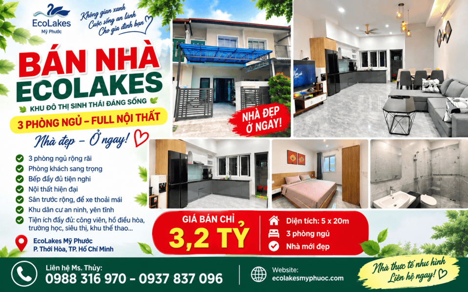 Bán nhà Ecolakes 3 phòng ngủ mới đẹp, giá 3,2 tỷ
